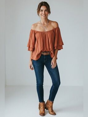 On The Road Terracotta Flutter Sleeve Boho Blouse Rust Textured Scoop Neck Top